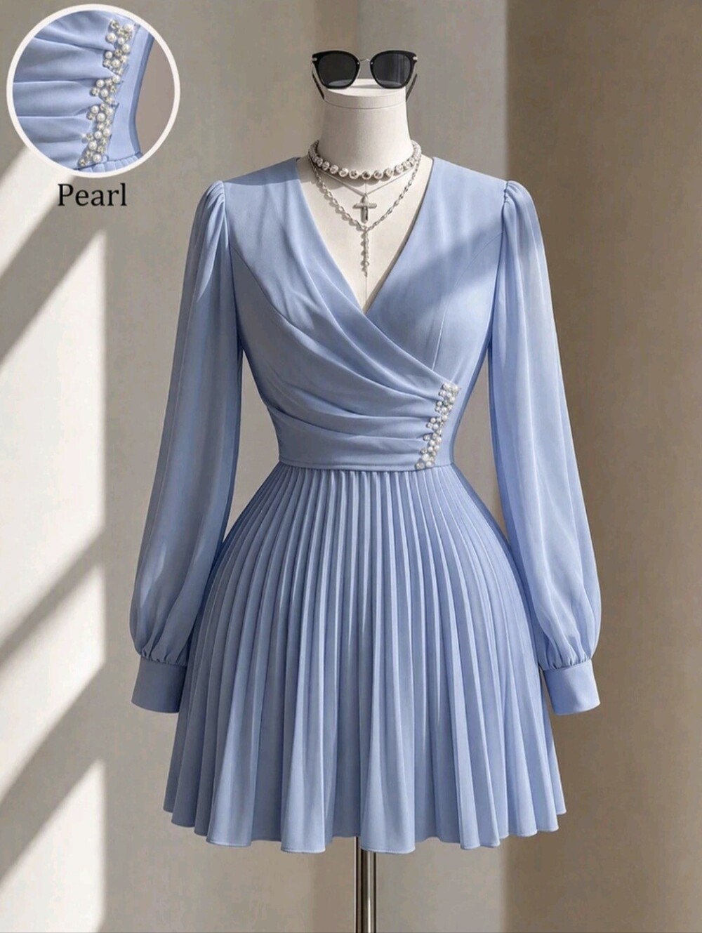 Women's Chiffon Wrap Puff Sleeve Cinched Waist A-Line Pleated Mini Dress Pearl